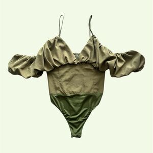PrettyLittleThing Off Shoulder Ruffle Bodysuit Olive Green | Size 2